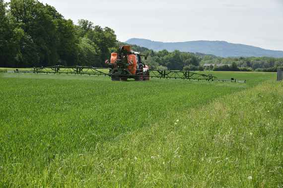 Tractor with sprayer on a meadow