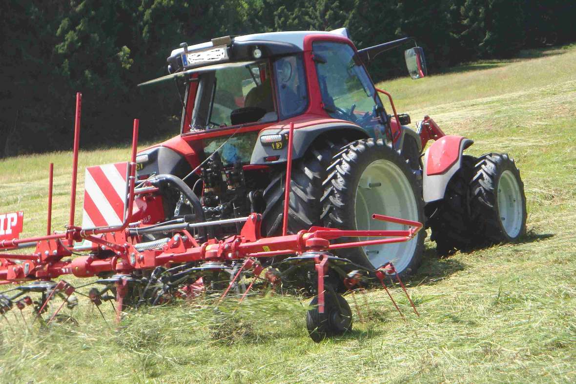 Traktor mit Hänger auf der Wiese